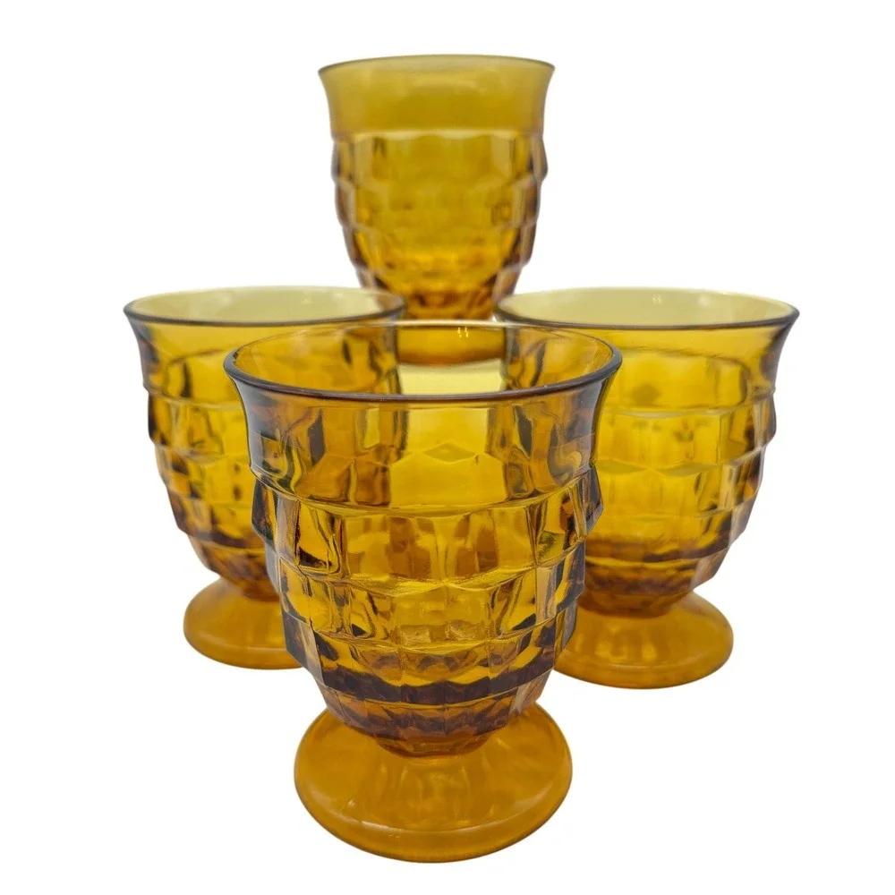Vintage Amber Glass cubist Footed juice glasses Set of 4 Indiana glass